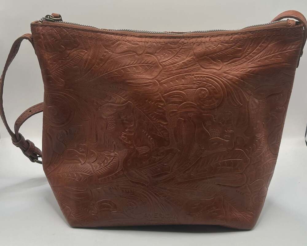 American Leather Co. Brown Tooled Floral Embossed Leather Crossbody Bag